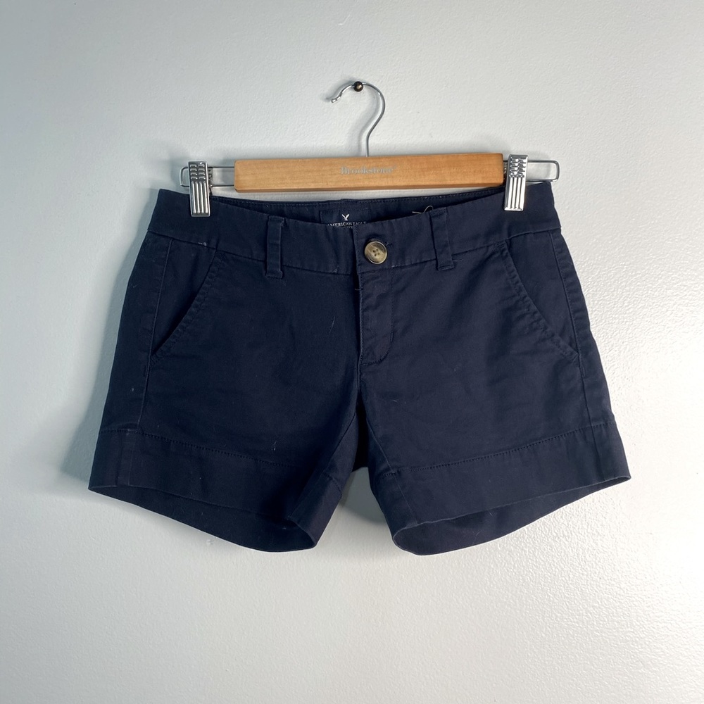 AEO Navy Midi Stretch Shorts